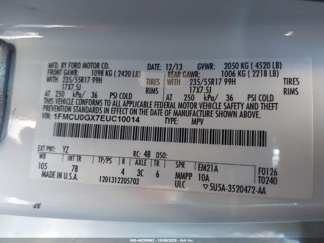 Продажа на аукционе авто 2014 Ford Escape Se, vin: 1FMCU0GX7EUC10014, номер лота: 46299962