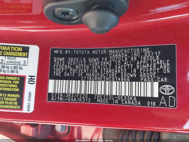 46299973 :رقم المزاد ، 2T1BURHE2HC914866 vin ، 2017 Toyota Corolla Se مزاد بيع