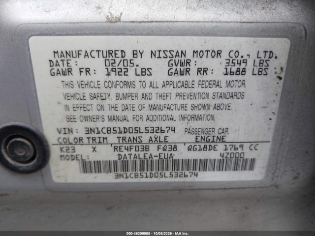 46299985 :رقم المزاد ، 3N1CB51D05L532674 vin ، 2005 Nissan Sentra 1.8s مزاد بيع