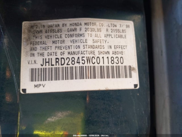 Продажа на аукционе авто 1998 Honda Cr-v Lx, vin: JHLRD2845WC011830, номер лота: 46299999