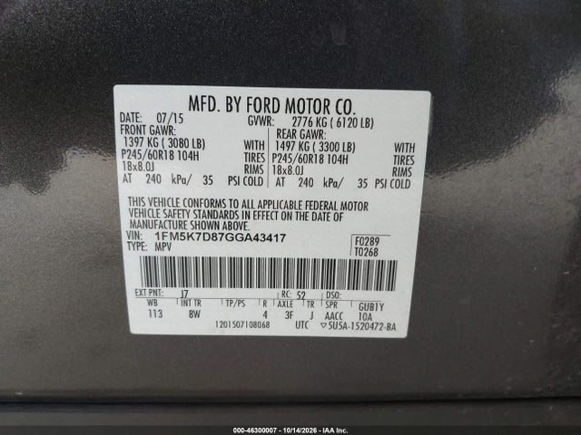 Продажа на аукционе авто 2016 Ford Explorer Xlt, vin: 1FM5K7D87GGA43417, номер лота: 46300007