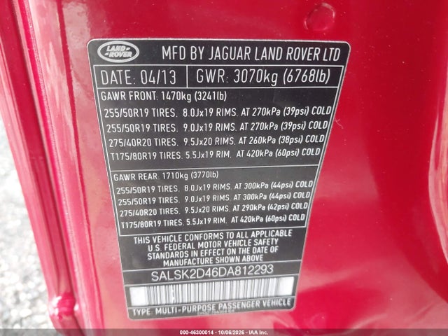 Продаж на аукціоні авто 2013 Land Rover Range Rover Sport Hse, vin: SALSK2D46DA812293, номер лоту: 46300014