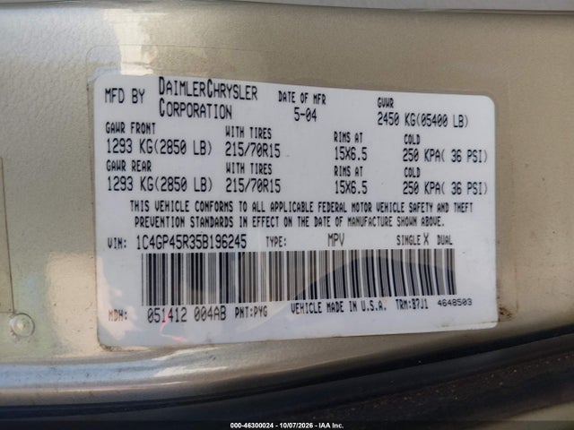 Aukcja sprzedaży 2005 Chrysler Town & Country, vin: 1C4GP45R35B196245, numer aukcji: 46300024