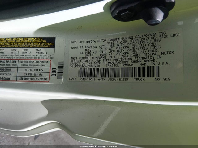 Продаж на аукціоні авто 2007 Toyota Tacoma, vin: 5TEPX42N57Z360708, номер лоту: 46300046