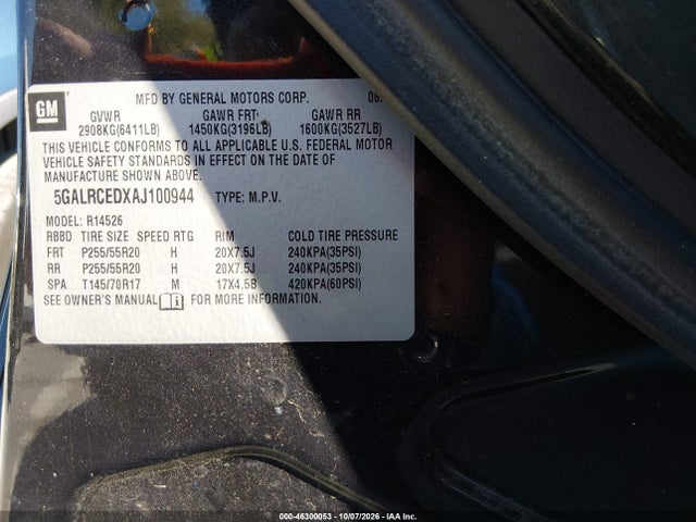 Aukcja sprzedaży 2010 Buick Enclave 2xl, vin: 5GALRCEDXAJ100944, numer aukcji: 46300053