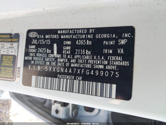 46300074 :رقم المزاد ، 5XXGN4A7XFG499075 vin ، 2015 Kia Optima Ex مزاد بيع