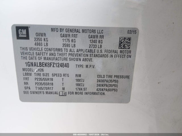 46300082 :رقم المزاد ، 1GNALBEK8FZ124840 vin ، 2015 Chevrolet Equinox Lt مزاد بيع