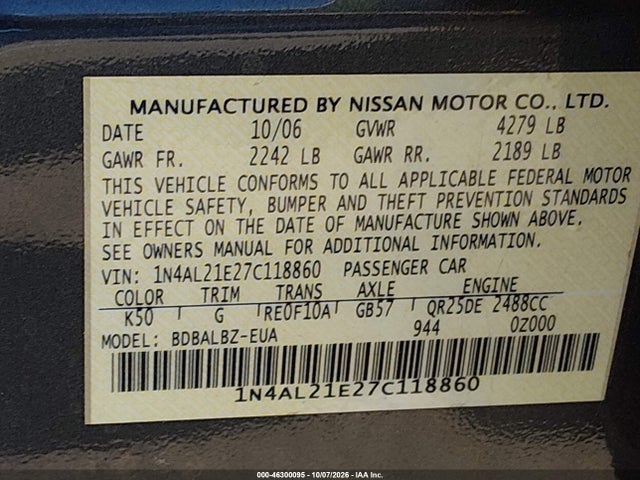 Продаж на аукціоні авто 2007 Nissan Altima 2.5 S, vin: 1N4AL21E27C118860, номер лоту: 46300095