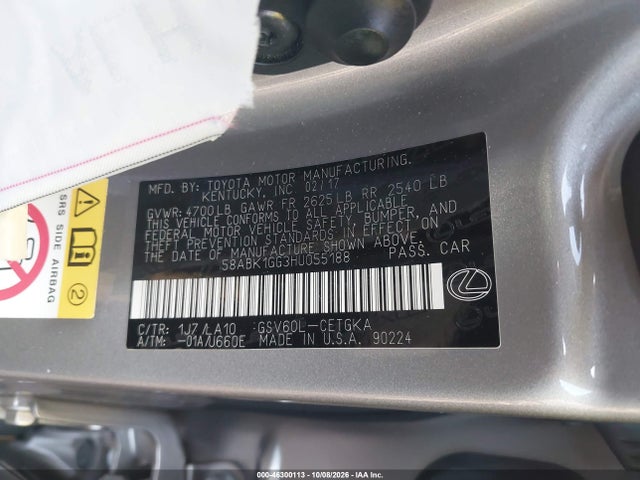 Aukcja sprzedaży 2017 Lexus Es 350, vin: 58ABK1GG3HU055188, numer aukcji: 46300113