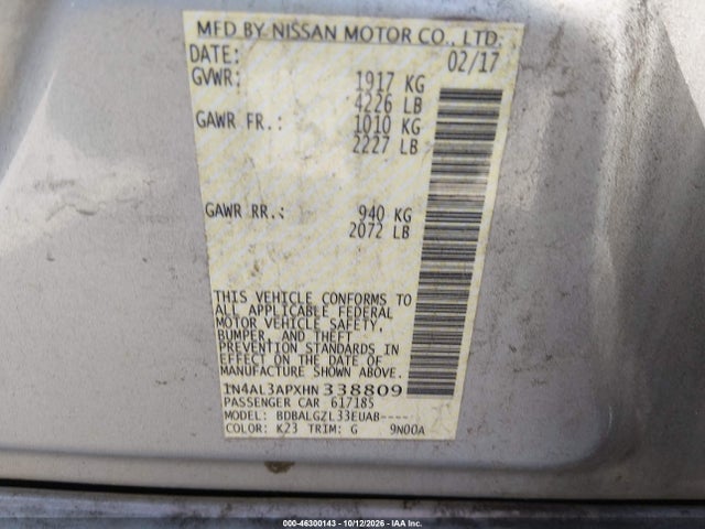 Aukcja sprzedaży 2017 Nissan Altima 2.5 S, vin: 1N4AL3APXHN338809, numer aukcji: 46300143