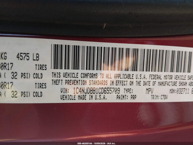 46300144 :رقم المزاد ، 1C4NJDBB1CD655709 vin ، 2012 Jeep Compass Sport مزاد بيع
