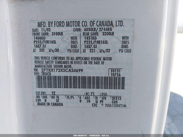 Aukcja sprzedaży 2003 Ford F-150 Xl/xlt, vin: 2FTRX172X3CA34699, numer aukcji: 46300147