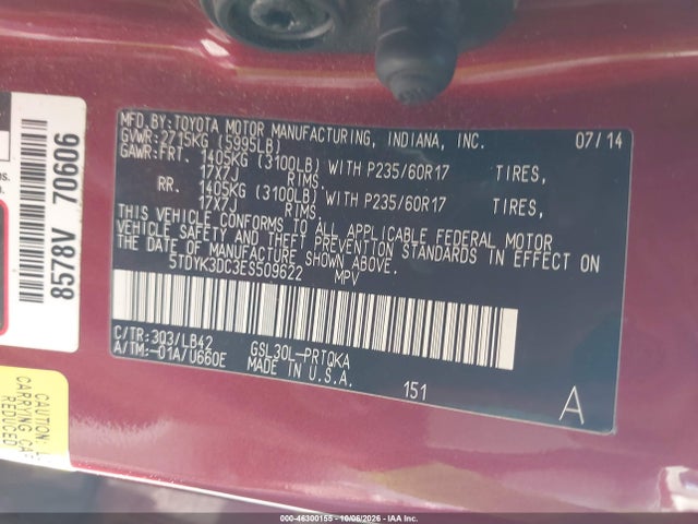 46300155 :رقم المزاد ، 5TDYK3DC3ES509622 vin ، 2014 Toyota Sienna Xle V6 8 Passenger مزاد بيع