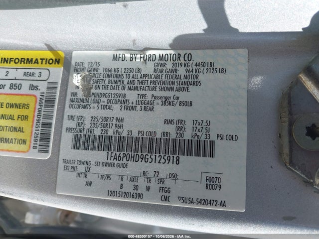 Aukcja sprzedaży 2016 Ford Fusion Se, vin: 1FA6P0HD9G5125918, numer aukcji: 46300157