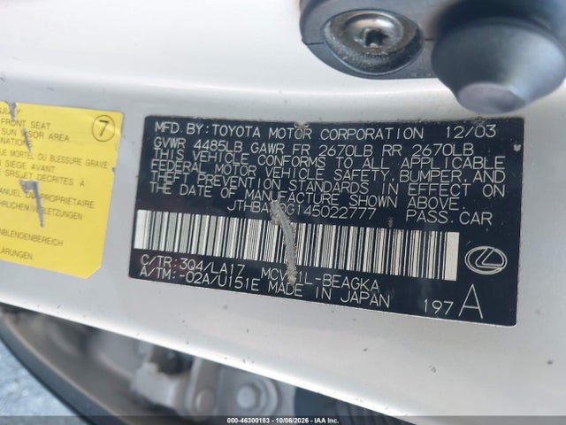 Auction sale of the 2004 Lexus Es 330, vin: JTHBA30G145022777, lot number: 46300183