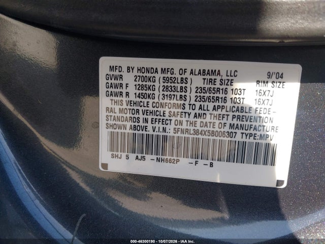 Aukcja sprzedaży 2005 Honda Odyssey Ex, vin: 5FNRL384X5B006307, numer aukcji: 46300190