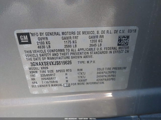2018 Chevrolet Equinox Lt მანქანა იყიდება აუქციონზე, vin: 3GNAXSEVXJS619626, აუქციონის ნომერი: 46300245