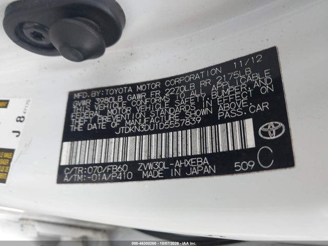 Продаж на аукціоні авто 2013 Toyota Prius Two, vin: JTDKN3DU1D5557839, номер лоту: 46300260