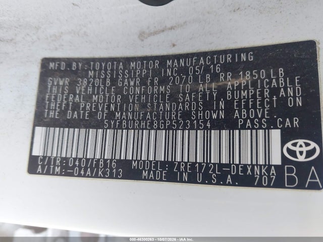 46300263 :رقم المزاد ، 5YFBURHE8GP523154 vin ، 2016 Toyota Corolla Le مزاد بيع