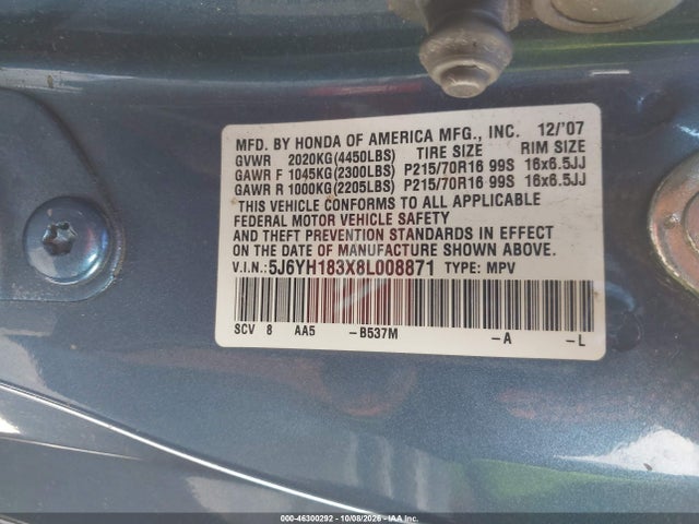 46300292 :رقم المزاد ، 5J6YH183X8L008871 vin ، 2008 Honda Element Lx مزاد بيع