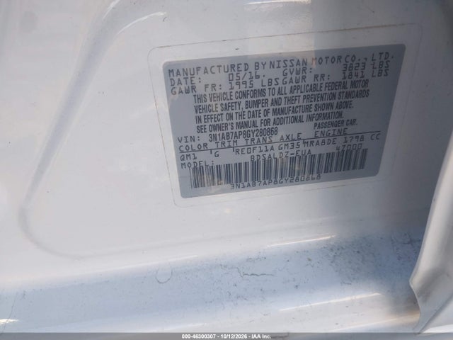Продаж на аукціоні авто 2016 Nissan Sentra Fe+ S/s/sl/sr/sv, vin: 3N1AB7AP8GY280868, номер лоту: 46300307
