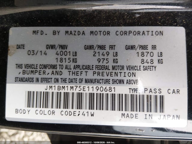 46300312 :رقم المزاد ، JM1BM1M75E1190681 vin ، 2014 Mazda Mazda3 I Grand Touring مزاد بيع