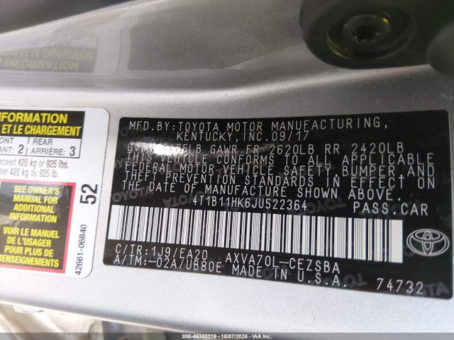 4T1B11HK6JU522364 Toyota CAMRY SE