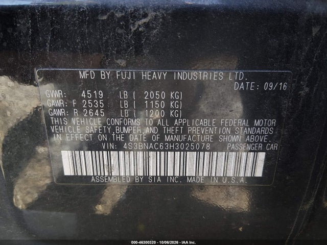2017 Subaru Legacy 2.5i Premium მანქანა იყიდება აუქციონზე, vin: 4S3BNAC63H3025078, აუქციონის ნომერი: 46300320