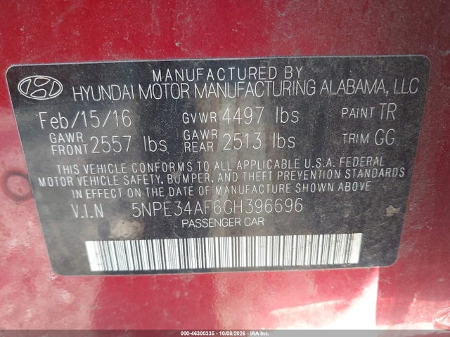 Aukcja sprzedaży 2016 Hyundai Sonata Sport, vin: 5NPE34AF6GH396696, numer aukcji: 46300335