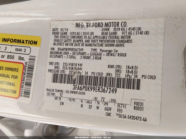 Продажа на аукционе авто 2014 Ford Fusion Titanium, vin: 3FA6P0K99ER367249, номер лота: 46300338