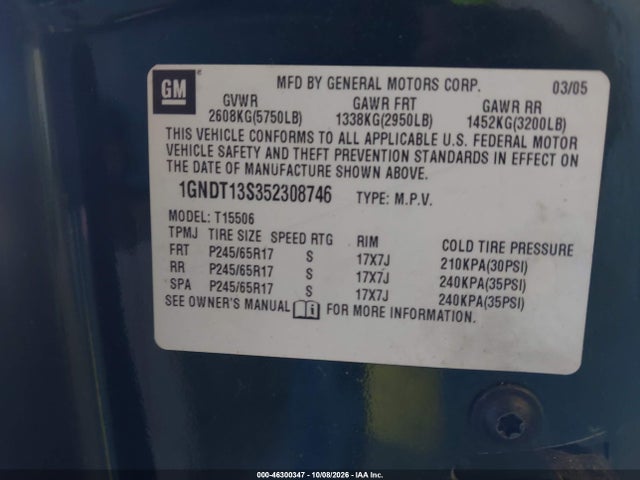 Продаж на аукціоні авто 2005 Chevrolet Trailblazer Lt, vin: 1GNDT13S352308746, номер лоту: 46300347