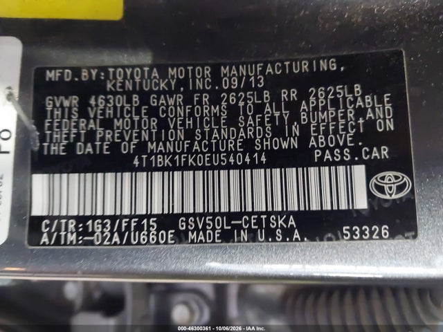 2014 Toyota Camry Se V6 მანქანა იყიდება აუქციონზე, vin: 4T1BK1FK0EU540414, აუქციონის ნომერი: 46300361