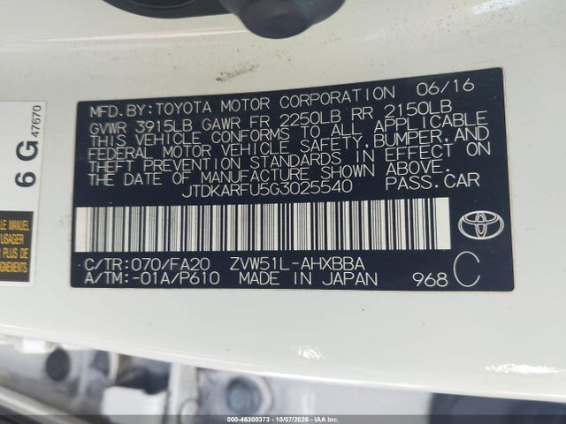 2016 Toyota Prius Two Eco მანქანა იყიდება აუქციონზე, vin: JTDKARFU5G3025540, აუქციონის ნომერი: 46300373