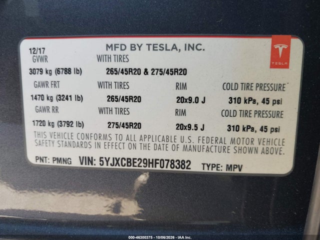 Tesla Model X 100d/75d/90d 2017 5YJXCBE29HF078382 Image 9