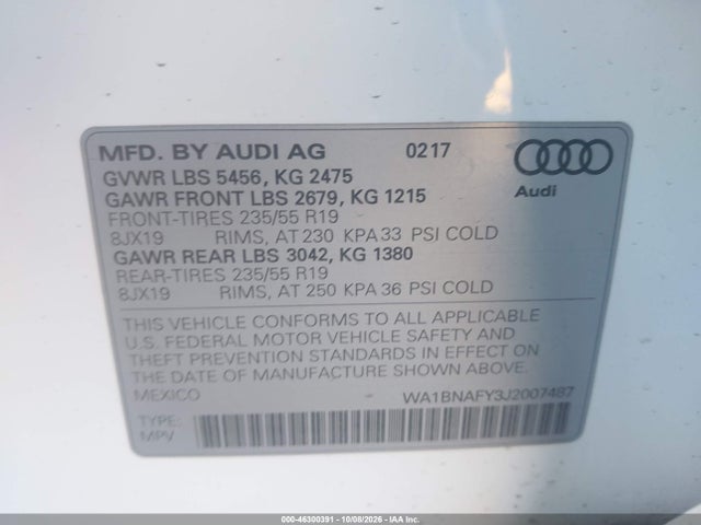 Продажа на аукционе авто 2018 Audi Q5 2.0t Premium/2.0t Tech Premium, vin: WA1BNAFY3J2007487, номер лота: 46300391