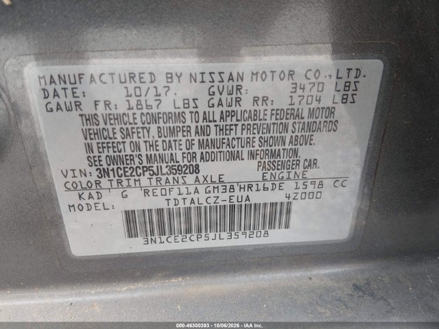 2018 Nissan Versa Note S მანქანა იყიდება აუქციონზე, vin: 3N1CE2CP5JL359208, აუქციონის ნომერი: 46300393