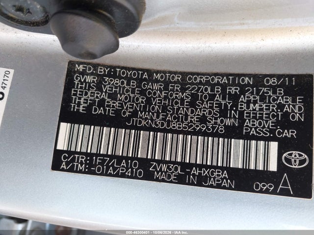 Продажа на аукционе авто 2011 Toyota Prius Four, vin: JTDKN3DU8B5299378, номер лота: 46300401