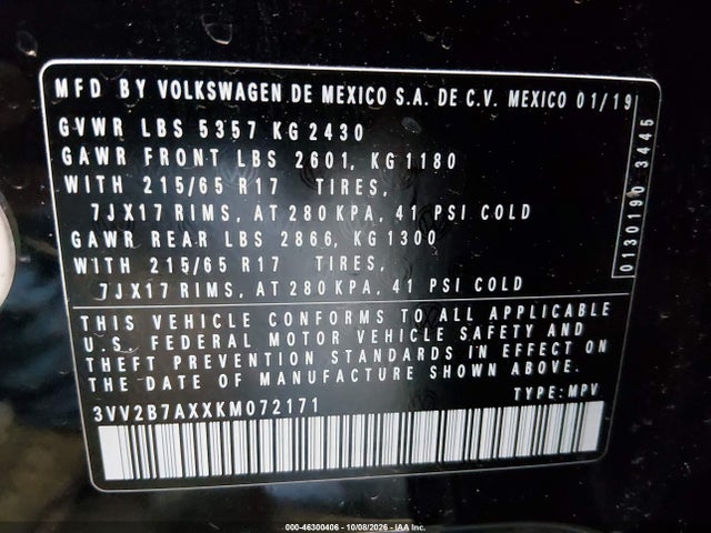 2019 Volkswagen Tiguan 2.0t Se/2.0t Sel/2.0t Sel R-line/2.0t Sel R-line Black მანქანა იყიდება აუქციონზე, vin: 3VV2B7AXXKM072171, აუქციონის ნომერი: 46300406