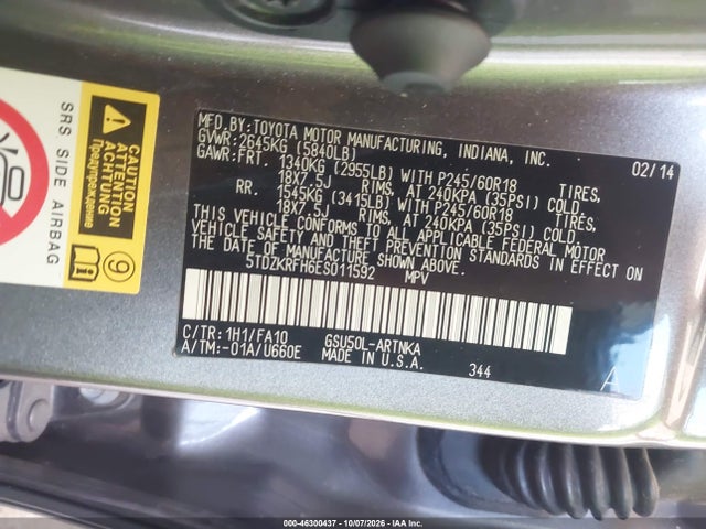 46300437 :رقم المزاد ، 5TDZKRFH6ES011592 vin ، 2014 Toyota Highlander Le Plus V6 مزاد بيع