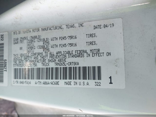 Aukcja sprzedaży 2019 Toyota Tacoma Sr, vin: 5TFRX5GN1KX151750, numer aukcji: 46300459