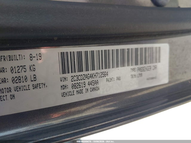 46300476 :رقم المزاد ، 2C3CDZAG4KH712564 vin ، 2019 Dodge Challenger Sxt مزاد بيع