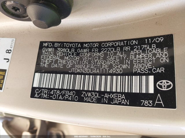 46300481 :رقم المزاد ، JTDKN3DU4A1114930 vin ، 2010 Toyota Prius Iii مزاد بيع