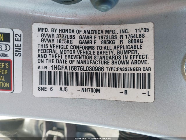 2006 Honda Civic Ex მანქანა იყიდება აუქციონზე, vin: 1HGFA16876L030986, აუქციონის ნომერი: 46300523