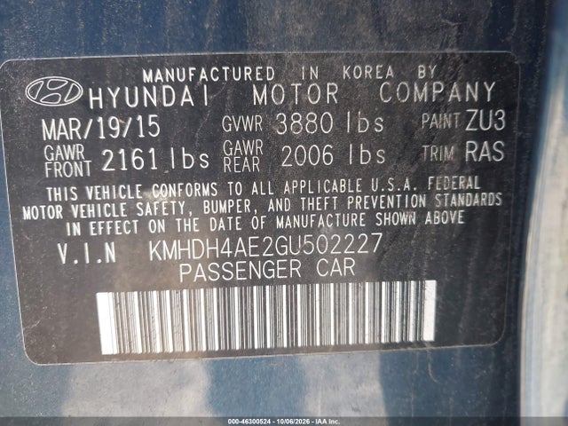 Продажа на аукционе авто 2016 Hyundai Elantra Se, vin: KMHDH4AE2GU502227, номер лота: 46300524