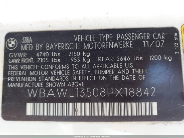 Продажа на аукционе авто 2008 Bmw 328i, vin: WBAWL13508PX18842, номер лота: 46300532