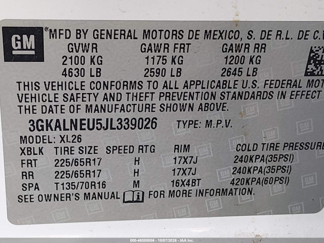 46300556 :رقم المزاد ، 3GKALNEU5JL339026 vin ، 2018 Gmc Terrain Sle Diesel مزاد بيع