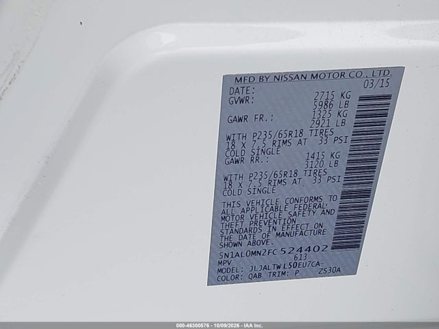 Продажа на аукционе авто 2015 Infiniti Qx60, vin: 5N1AL0MN2FC524402, номер лота: 46300576