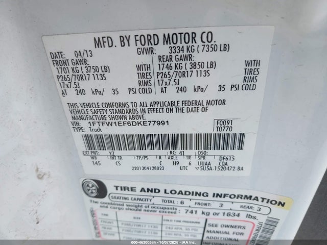 Продажа на аукционе авто 2013 Ford F-150 Xl, vin: 1FTFW1EF6DKE77991, номер лота: 46300584