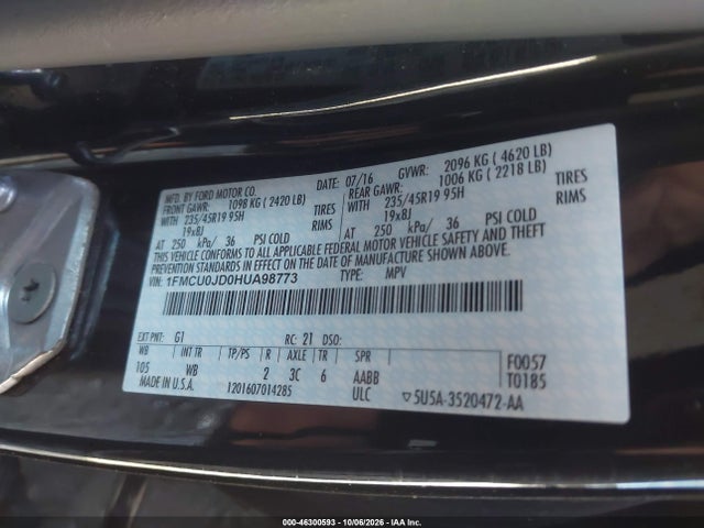 Продажа на аукционе авто 2017 Ford Escape Titanium, vin: 1FMCU0JD0HUA98773, номер лота: 46300593