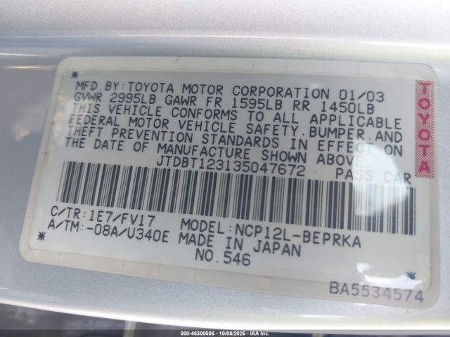 Продаж на аукціоні авто 2003 Toyota Echo, vin: JTDBT123135047672, номер лоту: 46300606